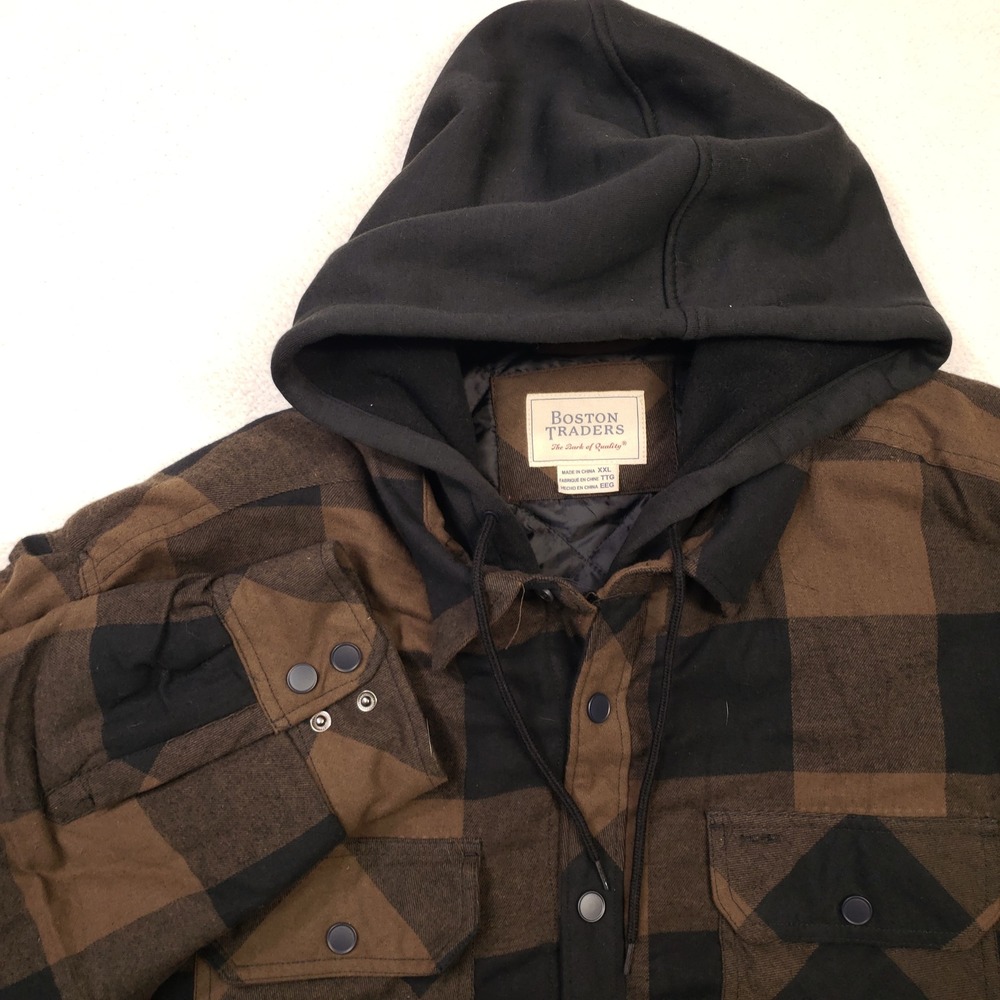 Boston Traders Hooded Shirt Jacket Mens XXL Brown Buffalo Plaid Quilted Grunge